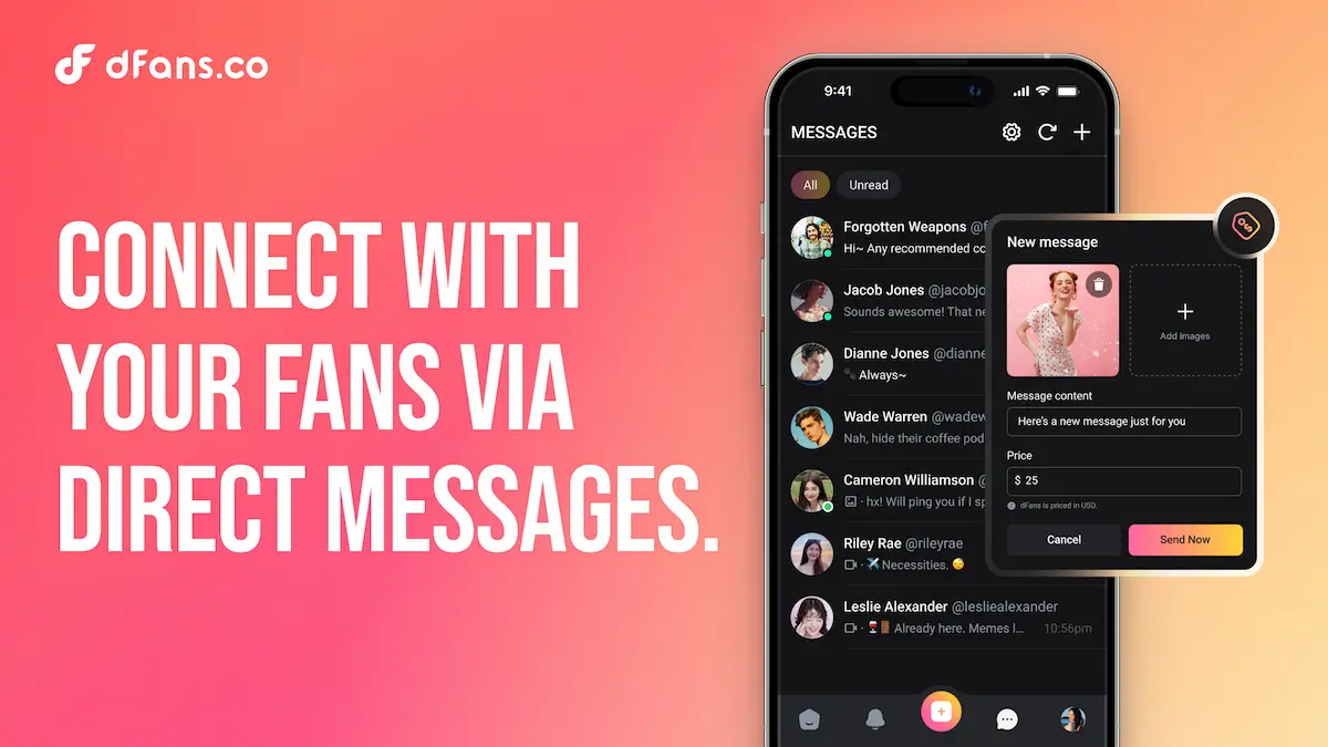 dfans Powerful messaging features let you connect with your fans and enable direct payments through messages.