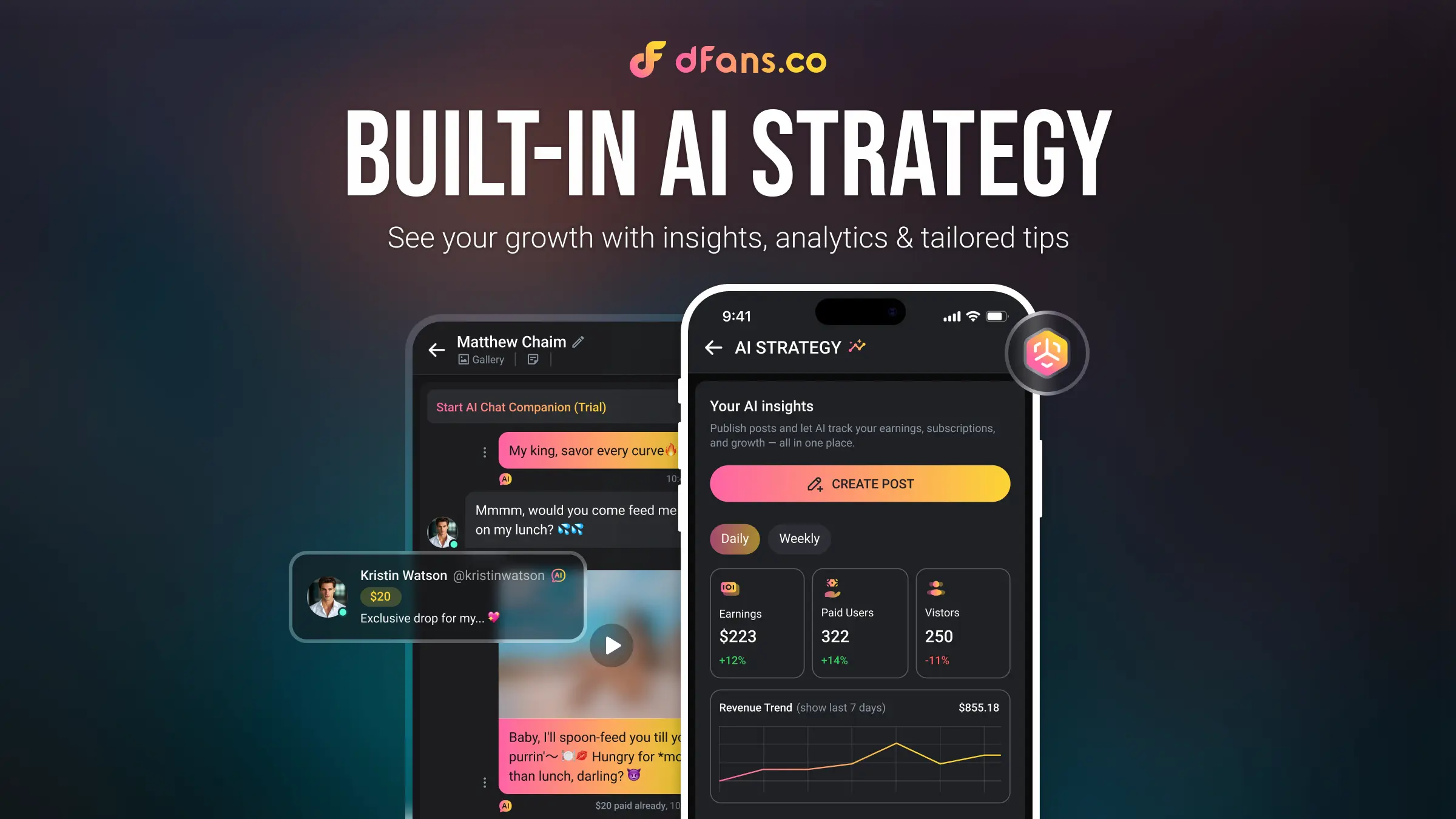 dfans dFans AI helps you grow faster—analyzing your fans, giving smart tips, and even chatting with them for you, so you earn more while working less.